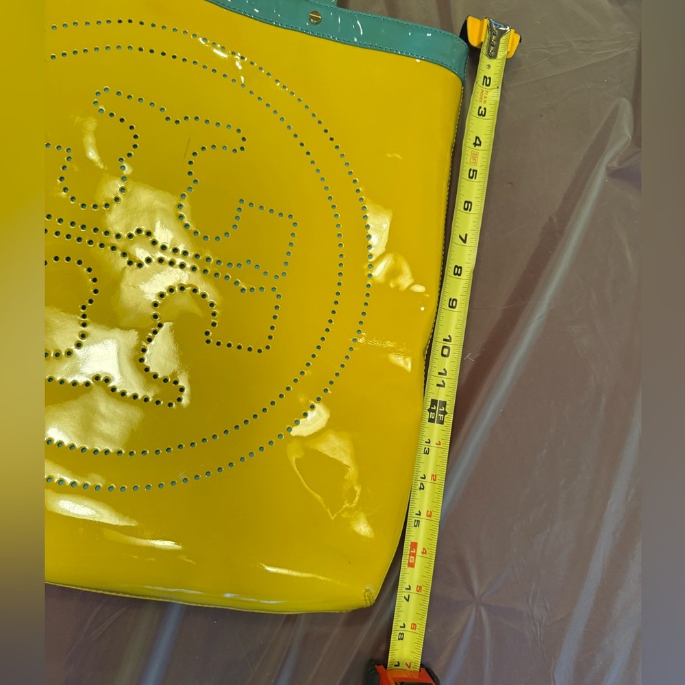 Vintage Y2K Tory Burch Logo Yellow/Teal Patent Leather Large Tote - Picture 6 of 14